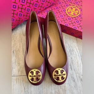 Tory Burch Maroon Flats with Gold Emblem
